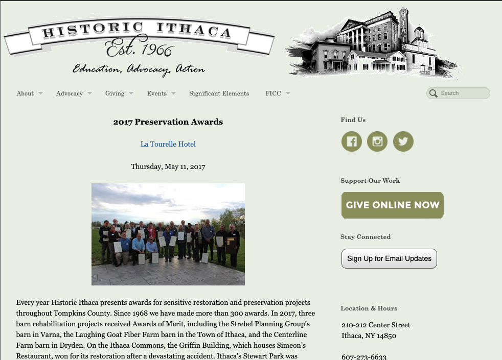 Screenshot of the page loaded from the link "2017 Preservation Awards". The page includes a photo of Teresa Deschanes and David Halpert with the award they won for Rosetree's work on 204 N. Geneva St.