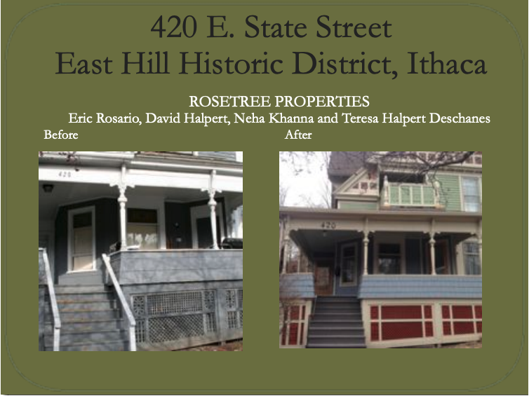 Page 13 from the document loaded by the link "Historic Ithaca Annual Preservation Awards 2014". The page shows a before and after picture from Rosetree's work on 420 E. State Street. 